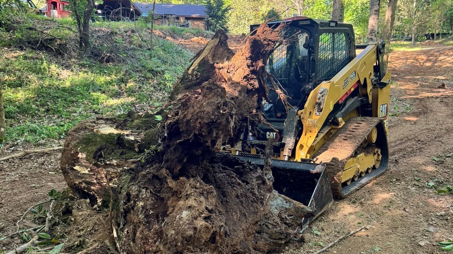 B&C skid steer removing a large stump and root ball